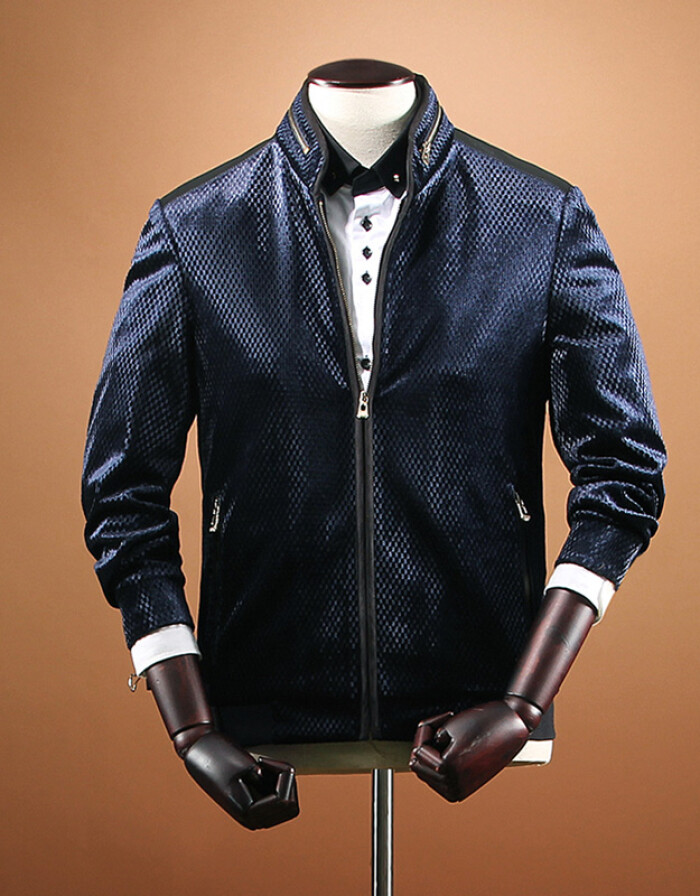 MEERYCO 2015年秋冬新款專柜產(chǎn)品 男士金絲絨韓版格紋PU拼接加厚立領(lǐng)休閑外套 深藍色 XXXL